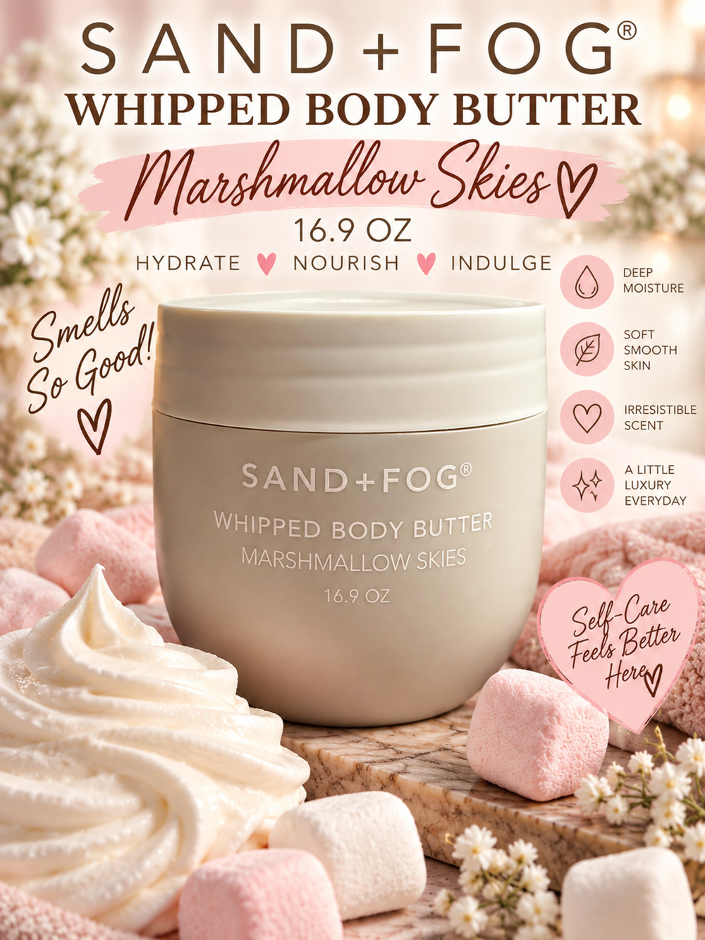 Sand + Fog $35 16.9 oz Whipped Body Butter Marshmallow Skies NEW